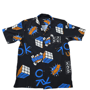 CuRaSING Men's Black Rubik's Cube Print Button-Down Shirt