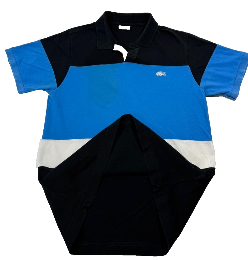Lacoste Men's Block Stripe Black Blue White Polo Shirt Short Sleeve Size 4