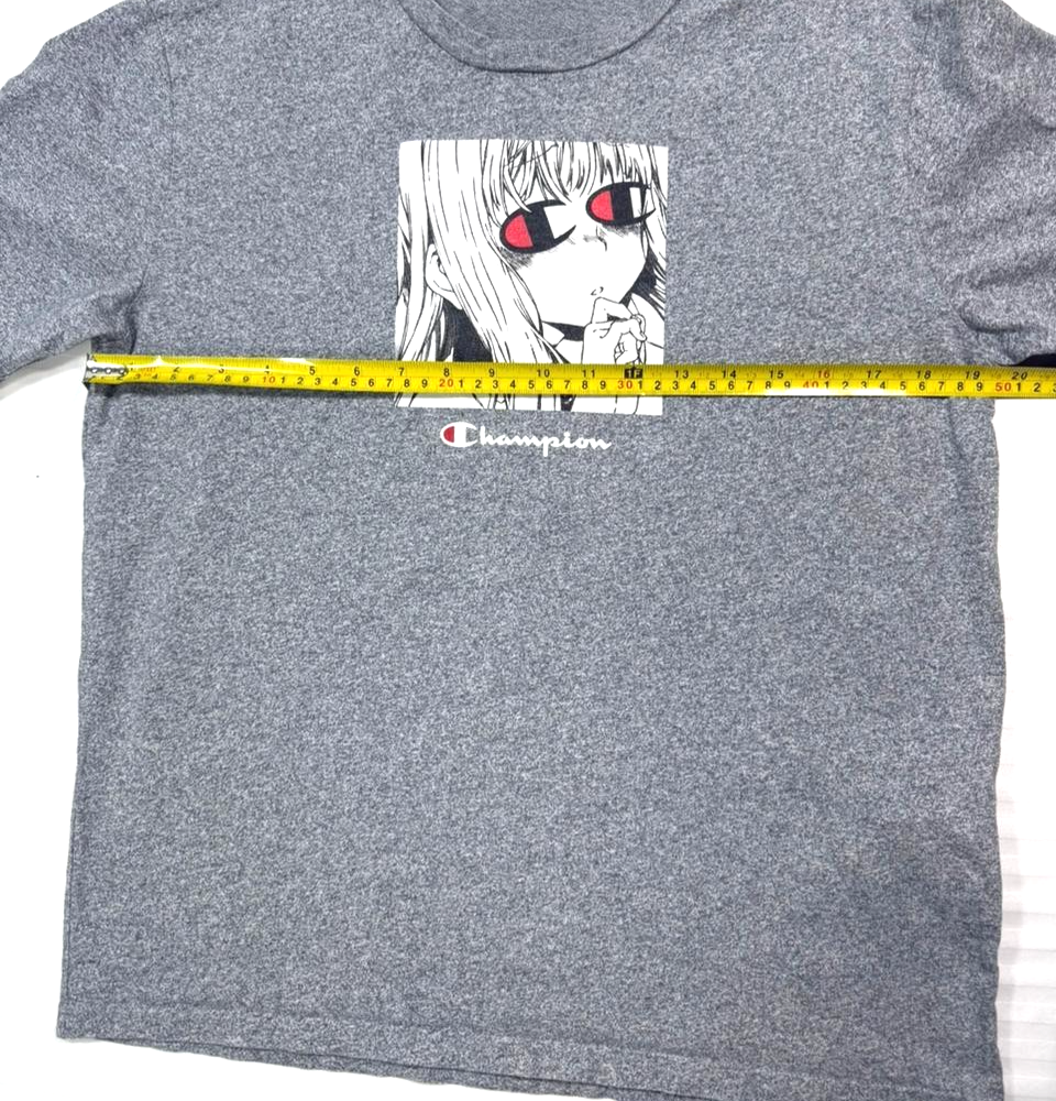 Gray Champion Crewneck T-Shirt With An Anime Graphic Print - Size M