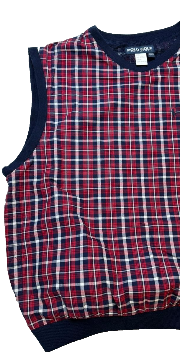Polo Golf Ralph Lauren Men's Plaid Sleeveless Vest Red Navy Check L