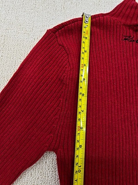 Karl Lagerfeld Red Midi Mock Neck Dress L Rib Knit Cut Out Logo