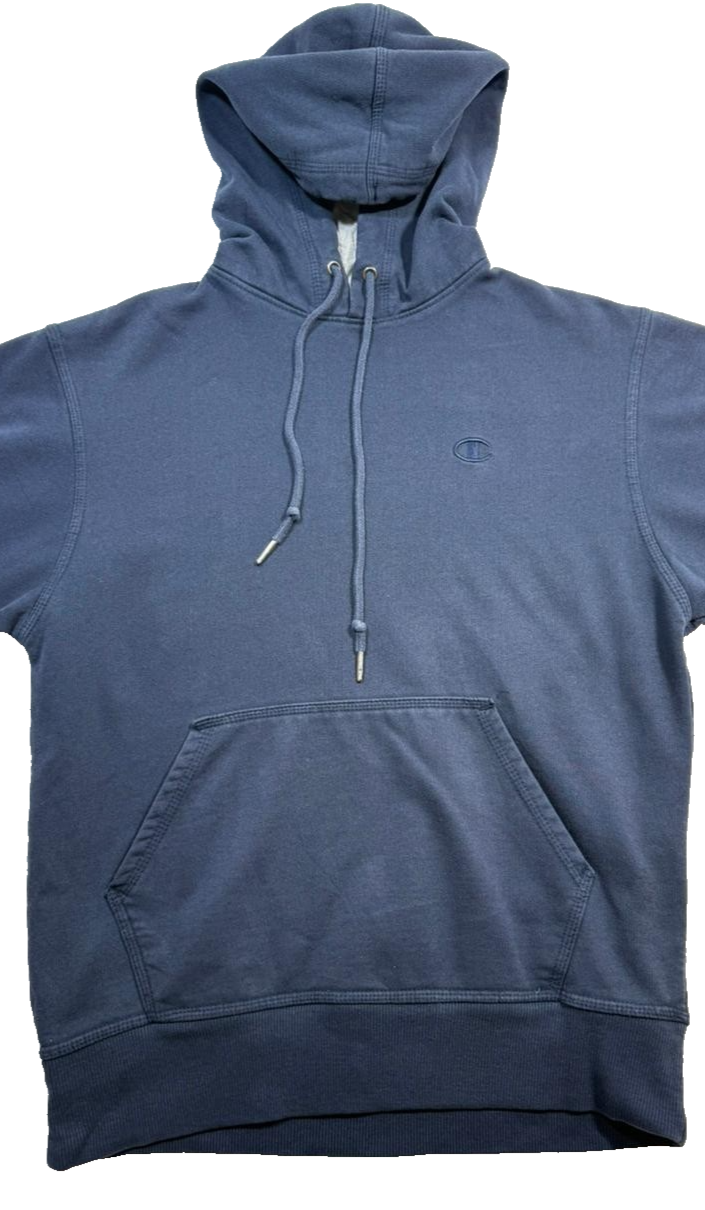 Champion Navy Blue Pullover Hoodie Small Logo Gray Lined Hood Sweatshirt Size S