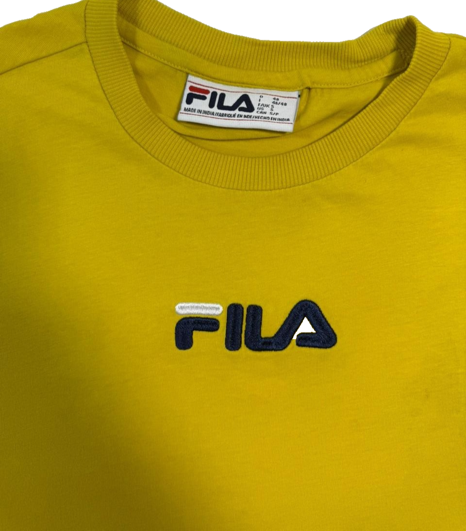 Fila Men's Mustard Yellow Crew Neck T-Shirt Embroidered Logo Colorblock Size S
