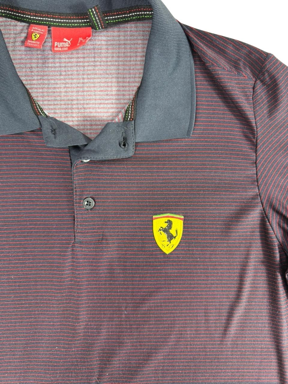 Puma Ferrari Polo Shirt Men's Size M Navy Red Striped Short Sleeve