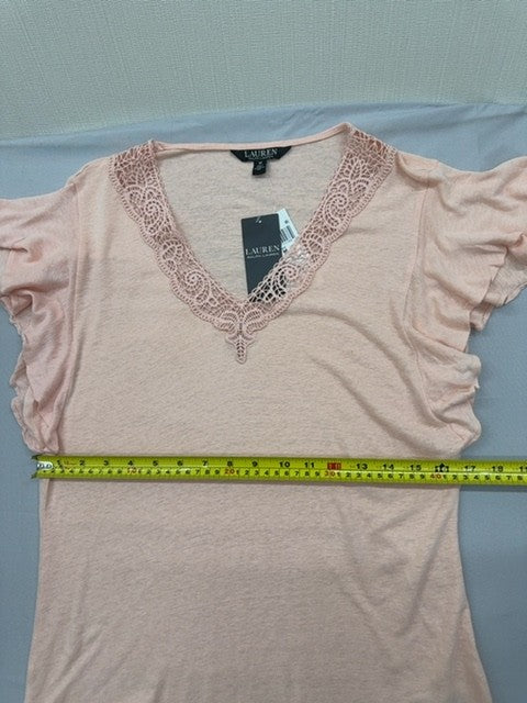 Lauren Ralph Lauren Women's Pale Pink Ruffle Lace V-Neck Short Sleeve Top M