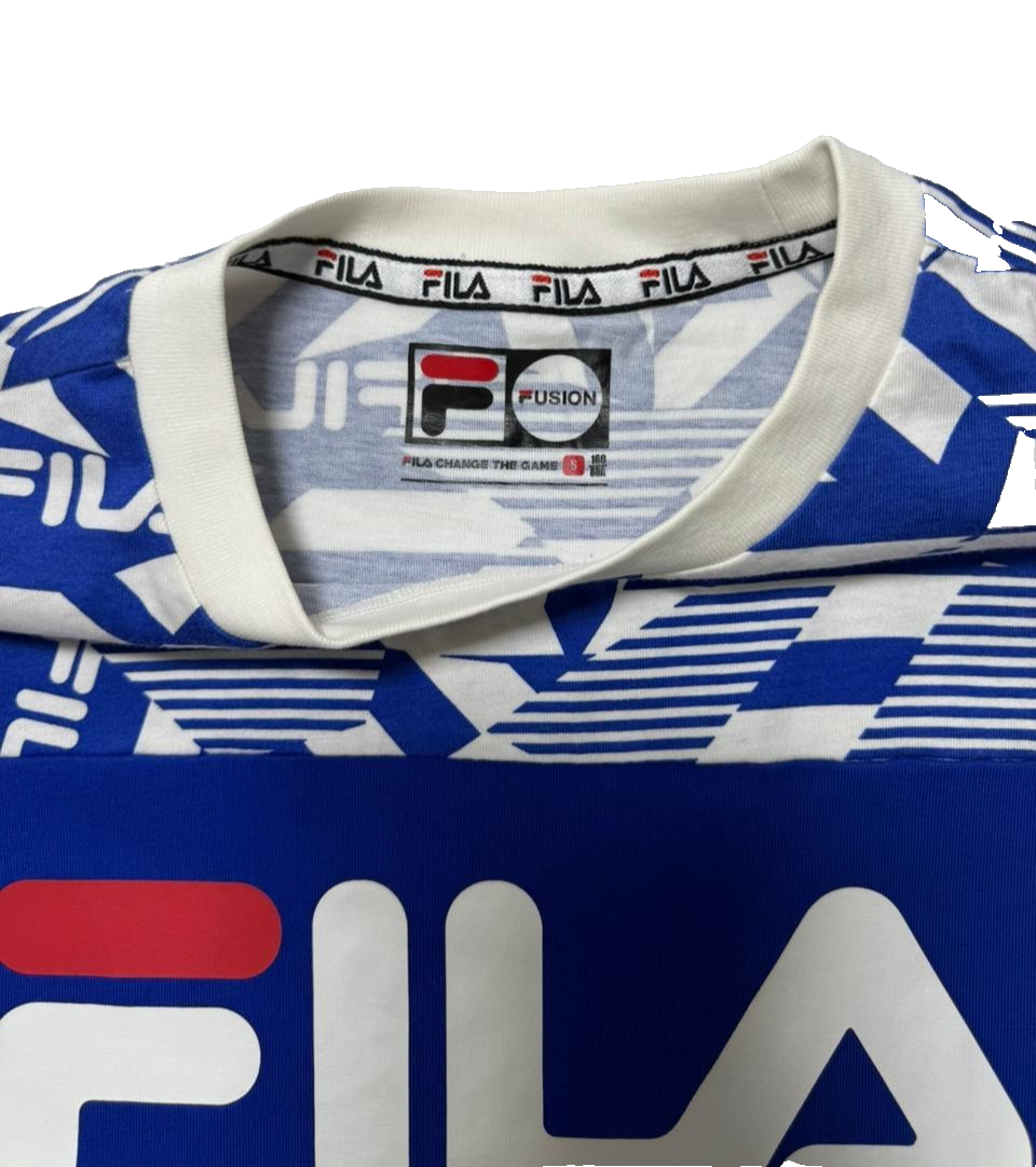 Fila Men's Graphic T-Shirt Blue White All Over Print Logo Short Sleeve - Size S