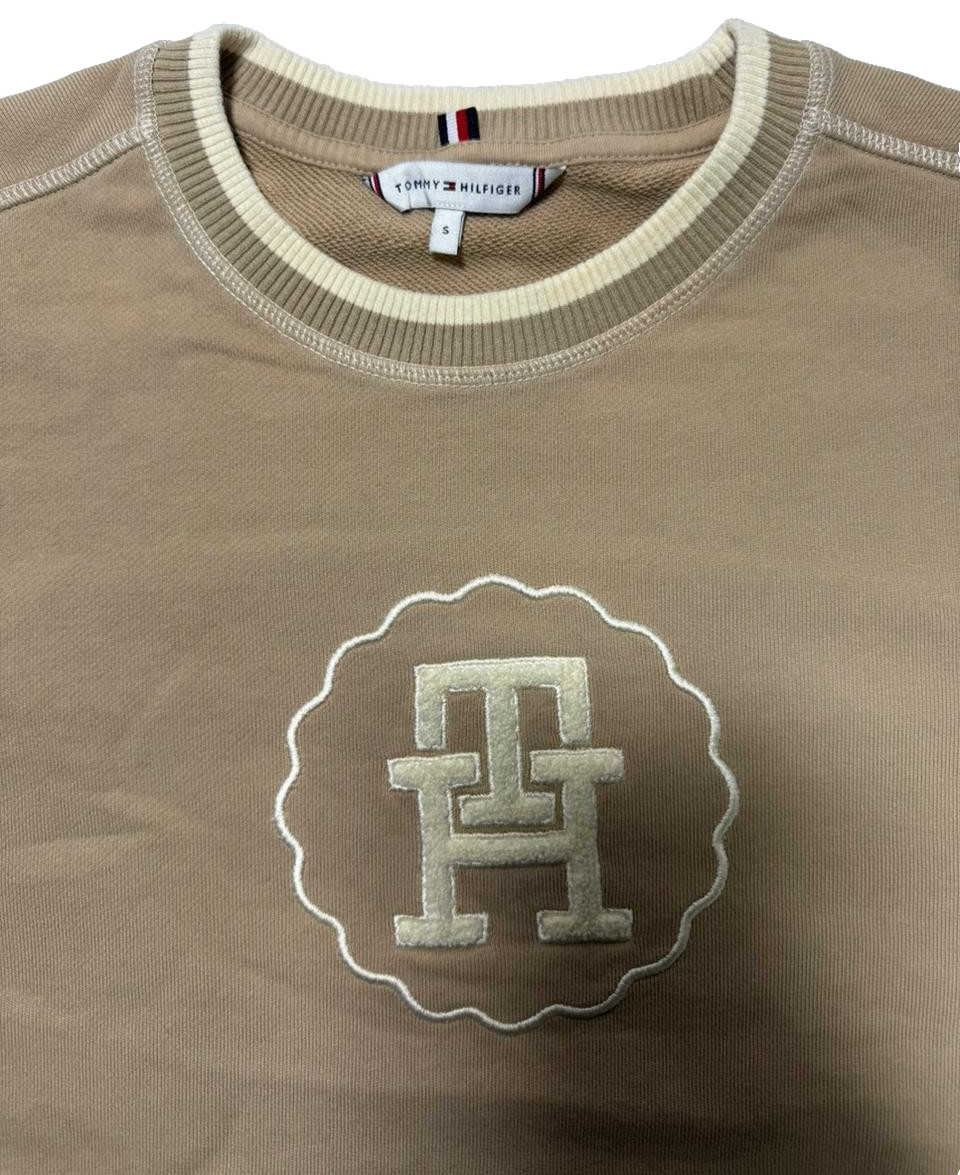 Tommy Hilfiger Beige Crewneck Sweatshirt S Th Logo Embroidered