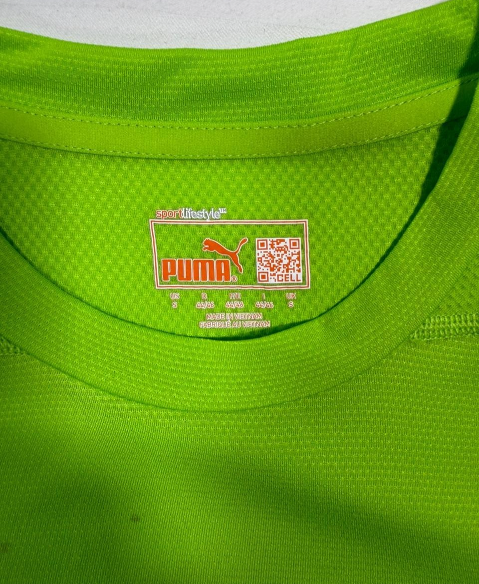 Puma Neon Green Performance T-Shirt With A Blue Graphic Log - Size S