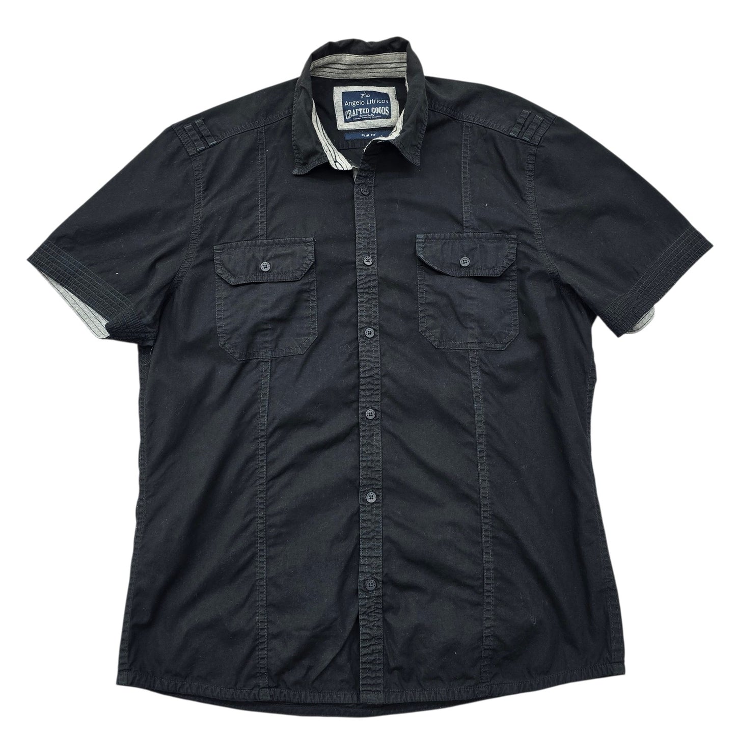 Angelo Litrico Black Cotton Slim Fit Short Sleeve Button-Up Shirt 41-42
