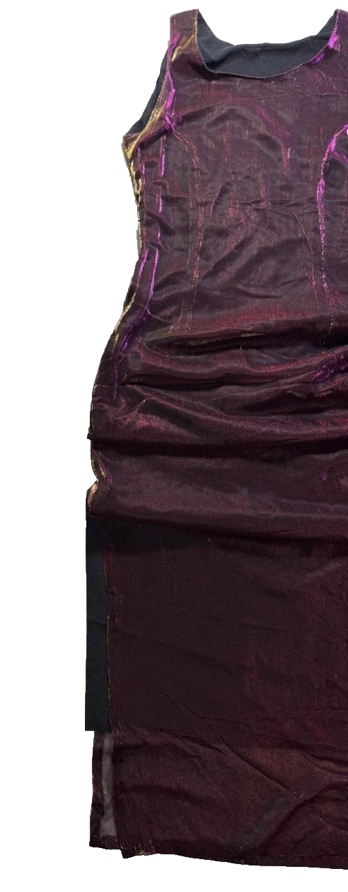 Vintage Metallic Sheer Sleeveless Dress Burgundy Gold Purple Shimmer Overlay