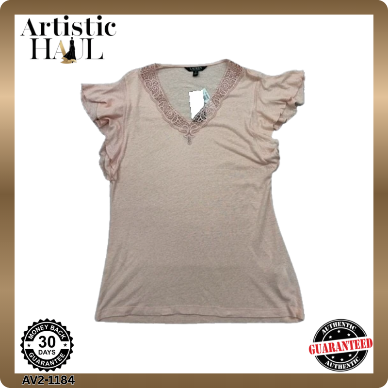 Lauren Ralph Lauren Women's Pale Pink Ruffle Lace V-Neck Short Sleeve Top M