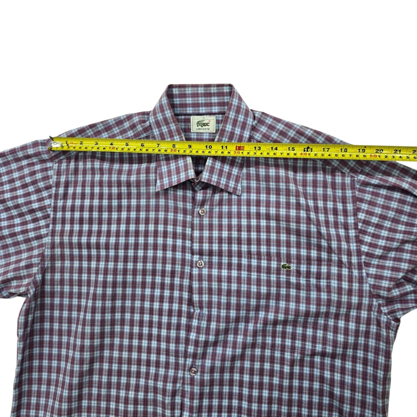 Lacoste Men's Burgundy Plaid Short Sleeve Shirt Vintage M