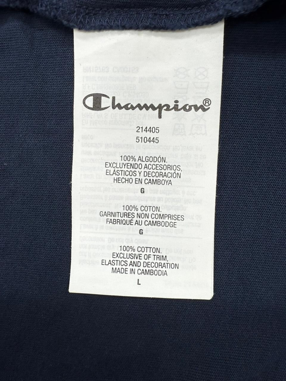 Champion Navy Blue Big Logo T-Shirt Crewneck Men's Size L Made in Cambodia