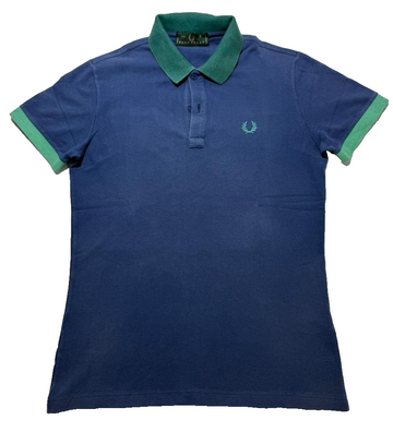 Fred Perry Womens Polo Blue With Green Trim Embroidered Laurel Size S