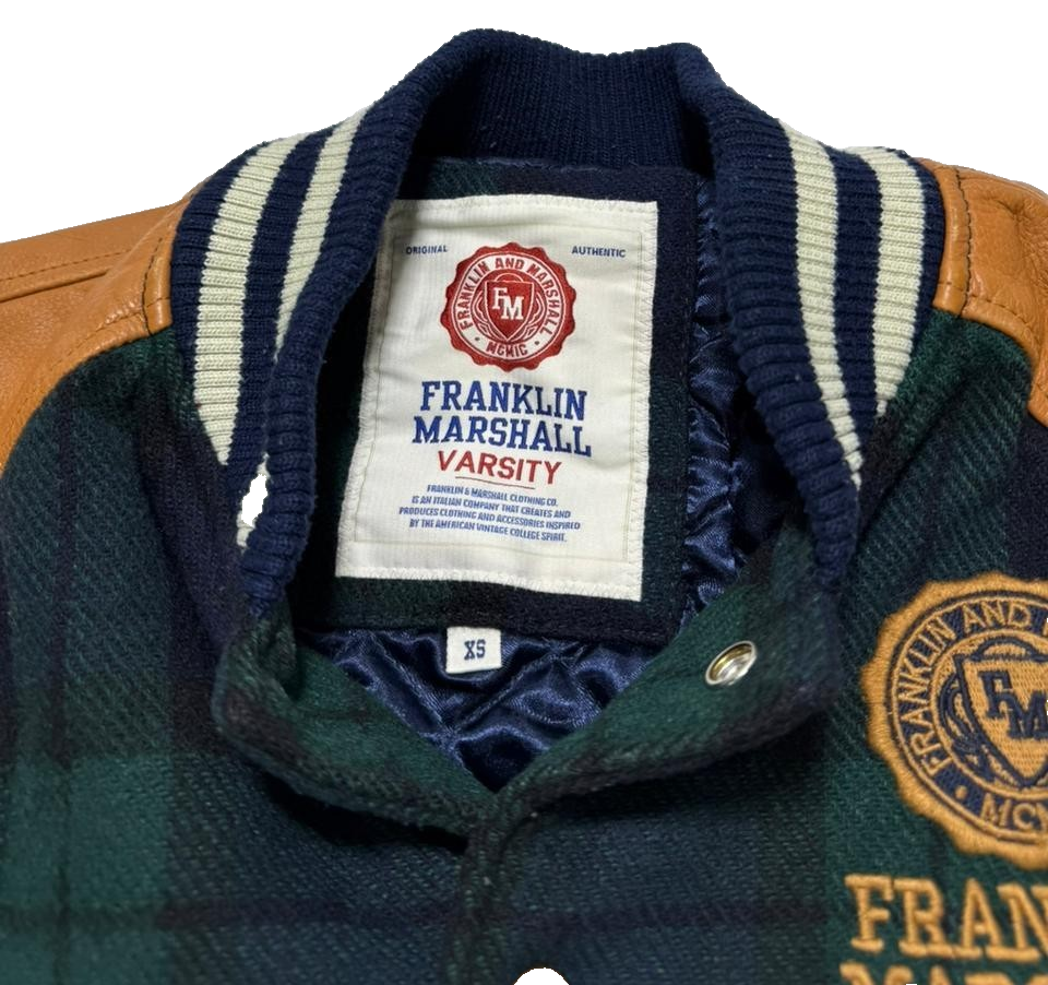 Franklin & Marshall Varsity Jacket With A Blue And Green Plaid Wool - Size XS