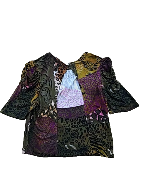 Desigual Women's L Leopard Print Puffed Sleeve Blouse Multicolor