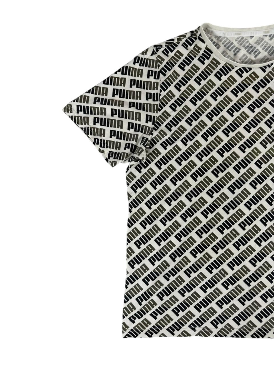 Puma Men's All Over Logo Print T-Shirt Black White Short Sleeve US Large Tag Fade