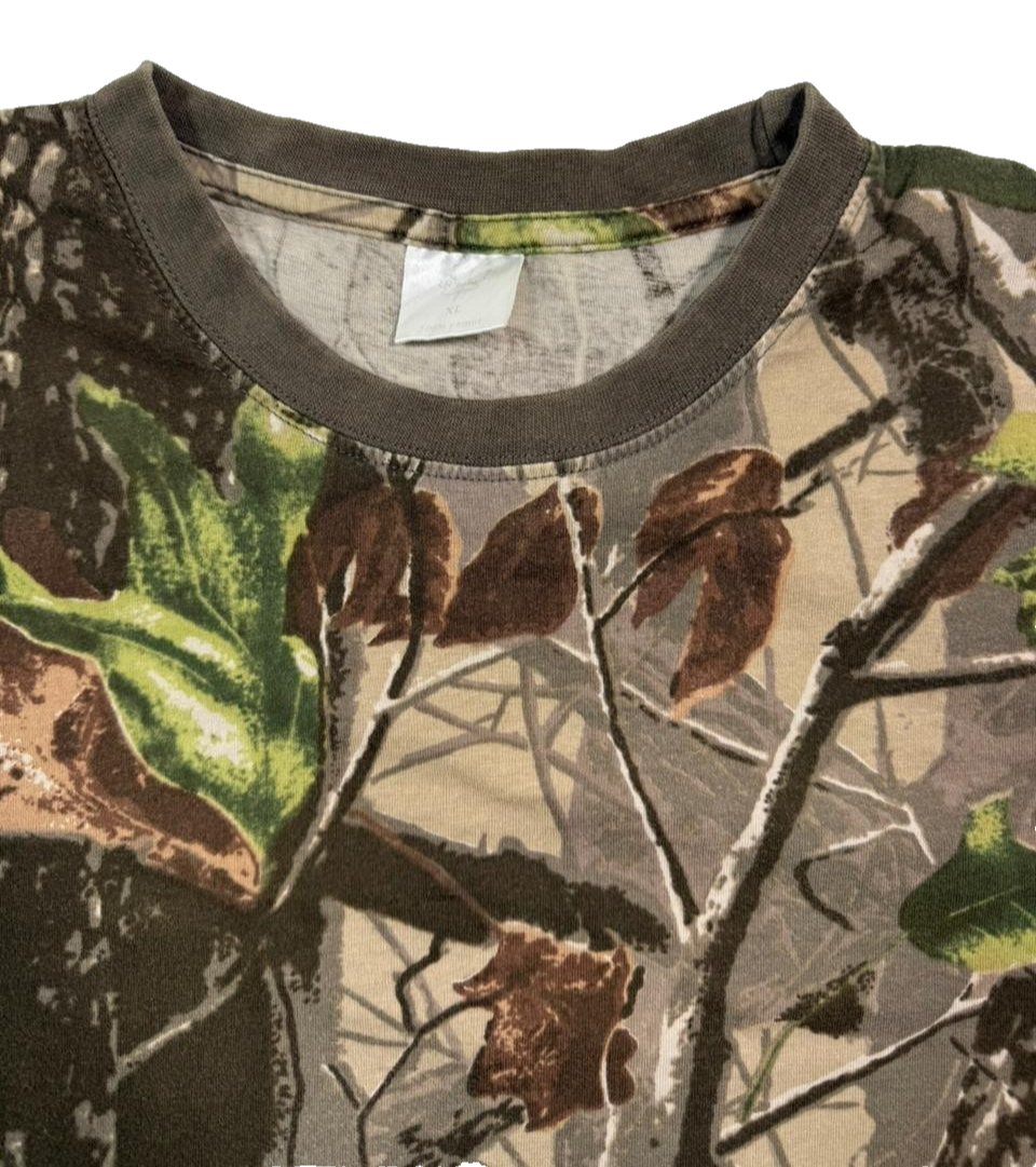 Camo Tree Pattern T-Shirt | Camouflage Leaf Print | Men's Outdoor Style, XL