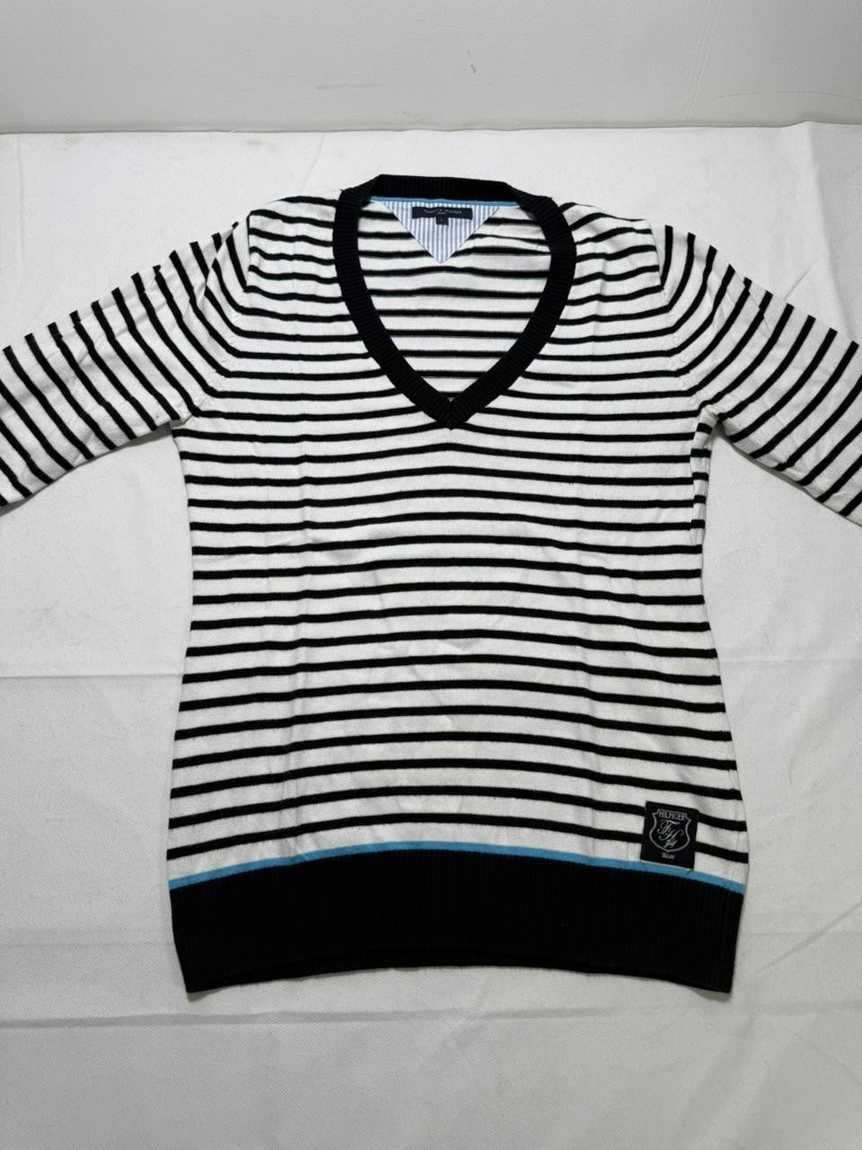 Tommy Hilfiger V-Neck Striped Pullover Sweater Black/White Women's Size L