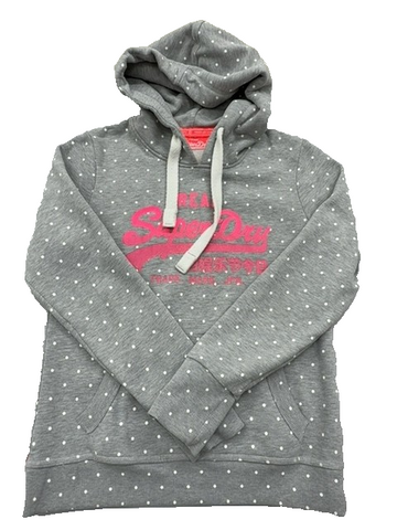 Superdry Vintage Gray Polka Dot Hoodie L Drawstring Pink Logo Unisex