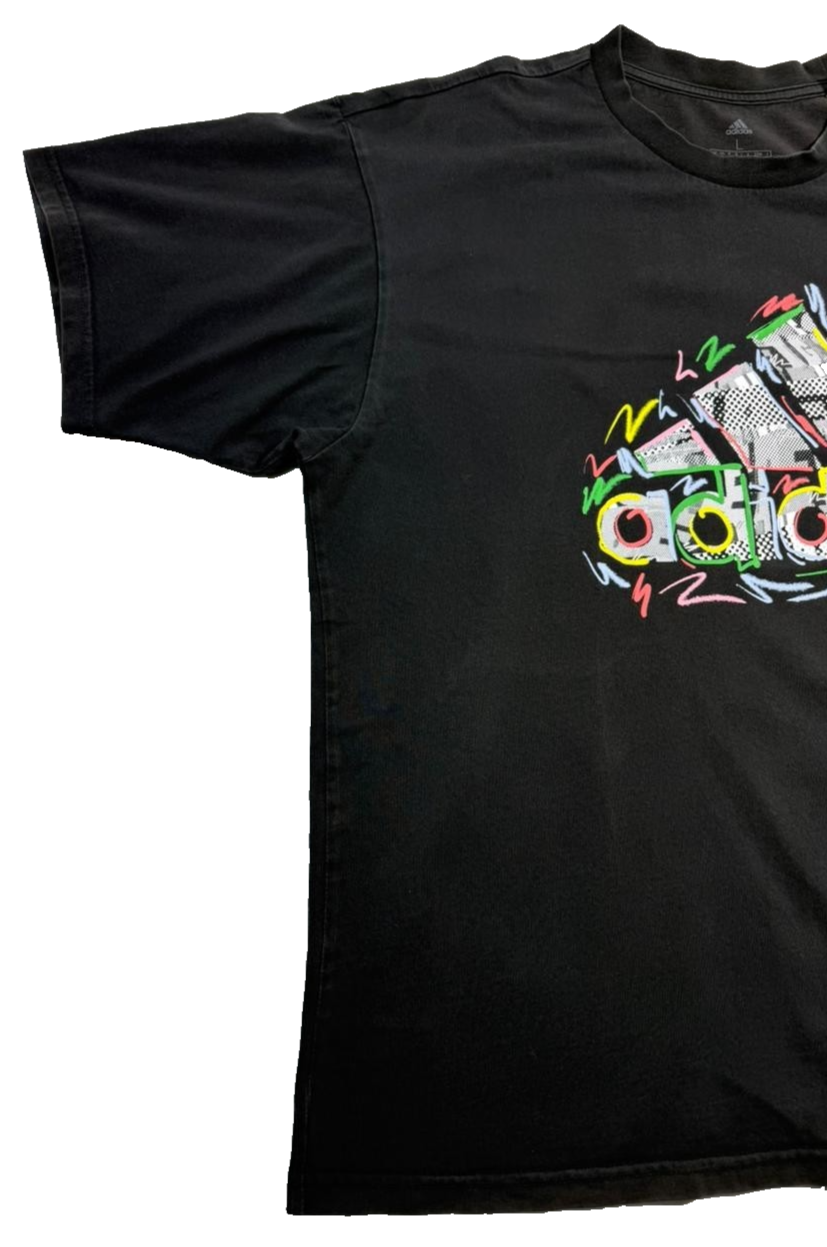 Adidas Men's Black Multi-Color Graffiti Graphic Logo T-Shirt Short Sleeve Size L