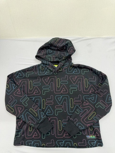 Fila Kids Black Neon Logo Hoodie Size 13-14 Retro All-Over Print