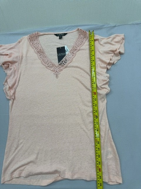 Lauren Ralph Lauren Women's Pale Pink Ruffle Lace V-Neck Short Sleeve Top M
