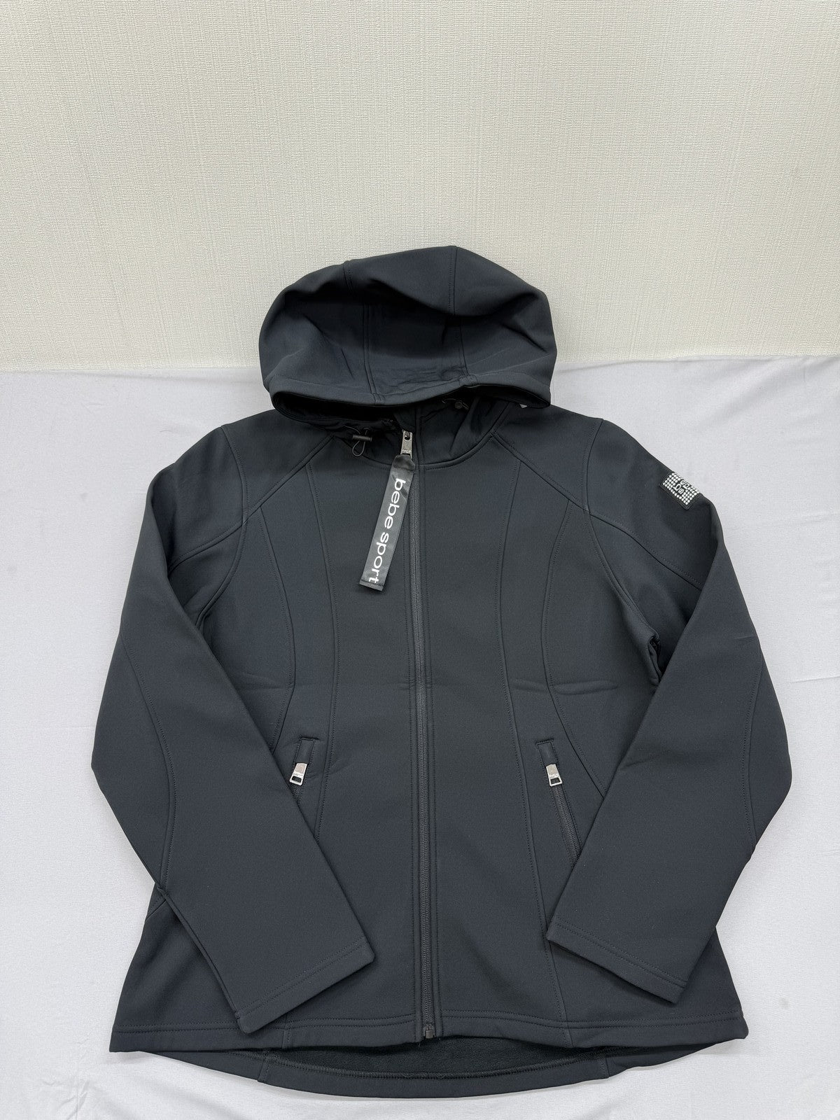 Bebe Sport Hooded Athletic Jacket L Charcoal Gray Tunic Zip Thumb Holes