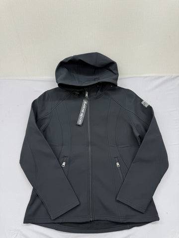 Bebe Sport Hooded Athletic Jacket L Charcoal Gray Tunic Zip Thumb Holes