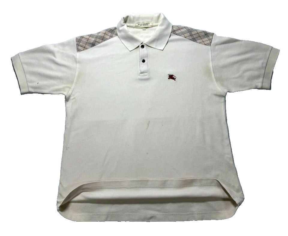 Burberry Of London Polo Shirt White Beige Nova Check Shoulder - Size S