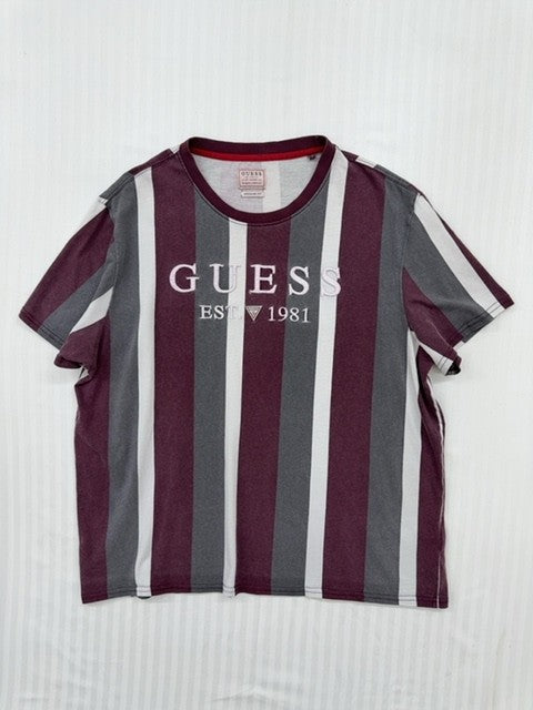 Guess Boys XL Burgundy Gray White Striped Logo Graphic T-Shirt