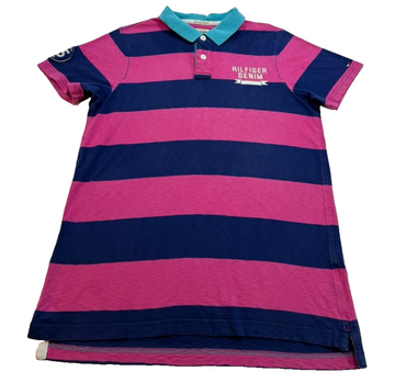 Tommy Hilfiger Women's Denim Striped Polo Shirt Short Sleeve Cotton Size XL
