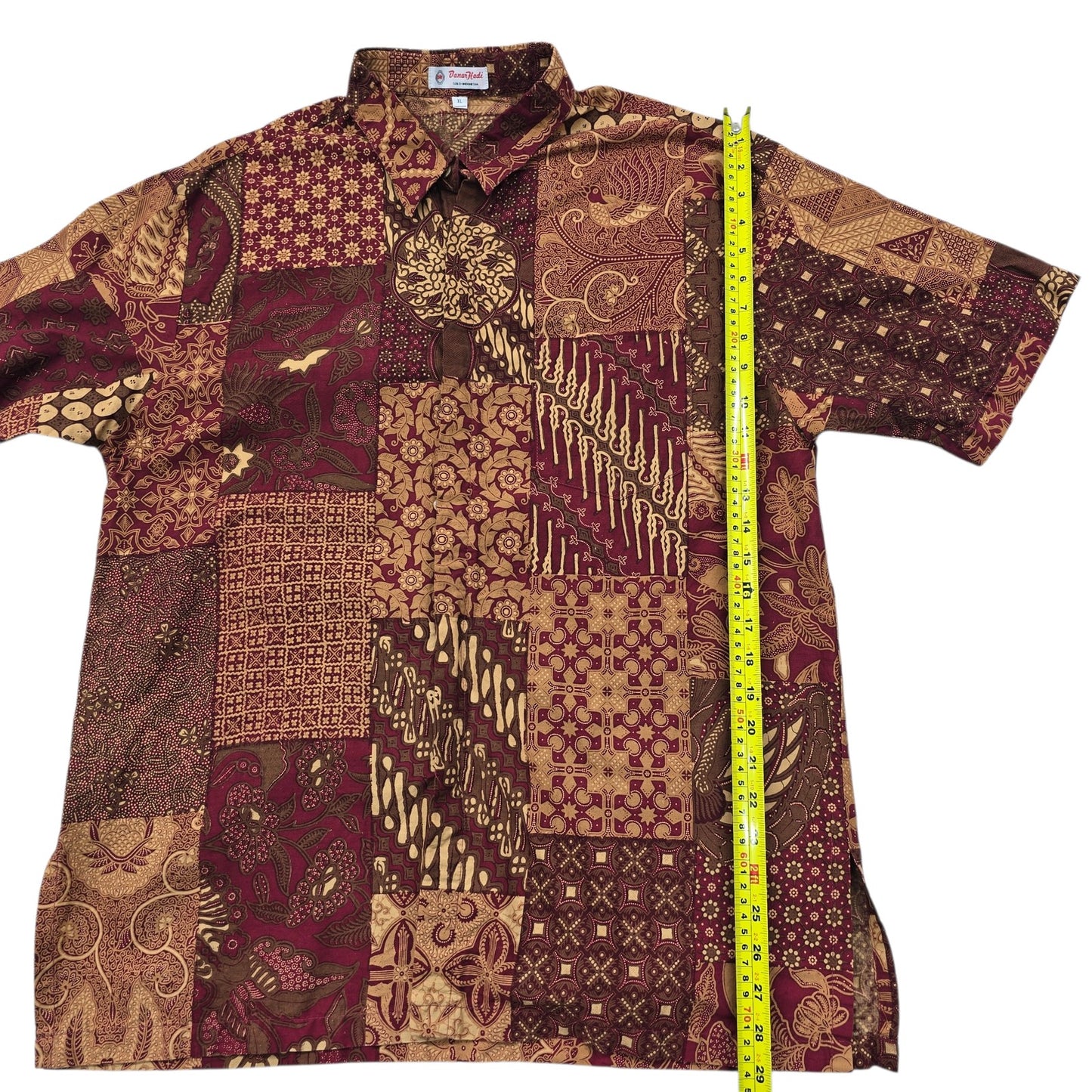 Batik Kadi Unisex Burgundy Gold Patchwork Batik Shirt XL Handmade