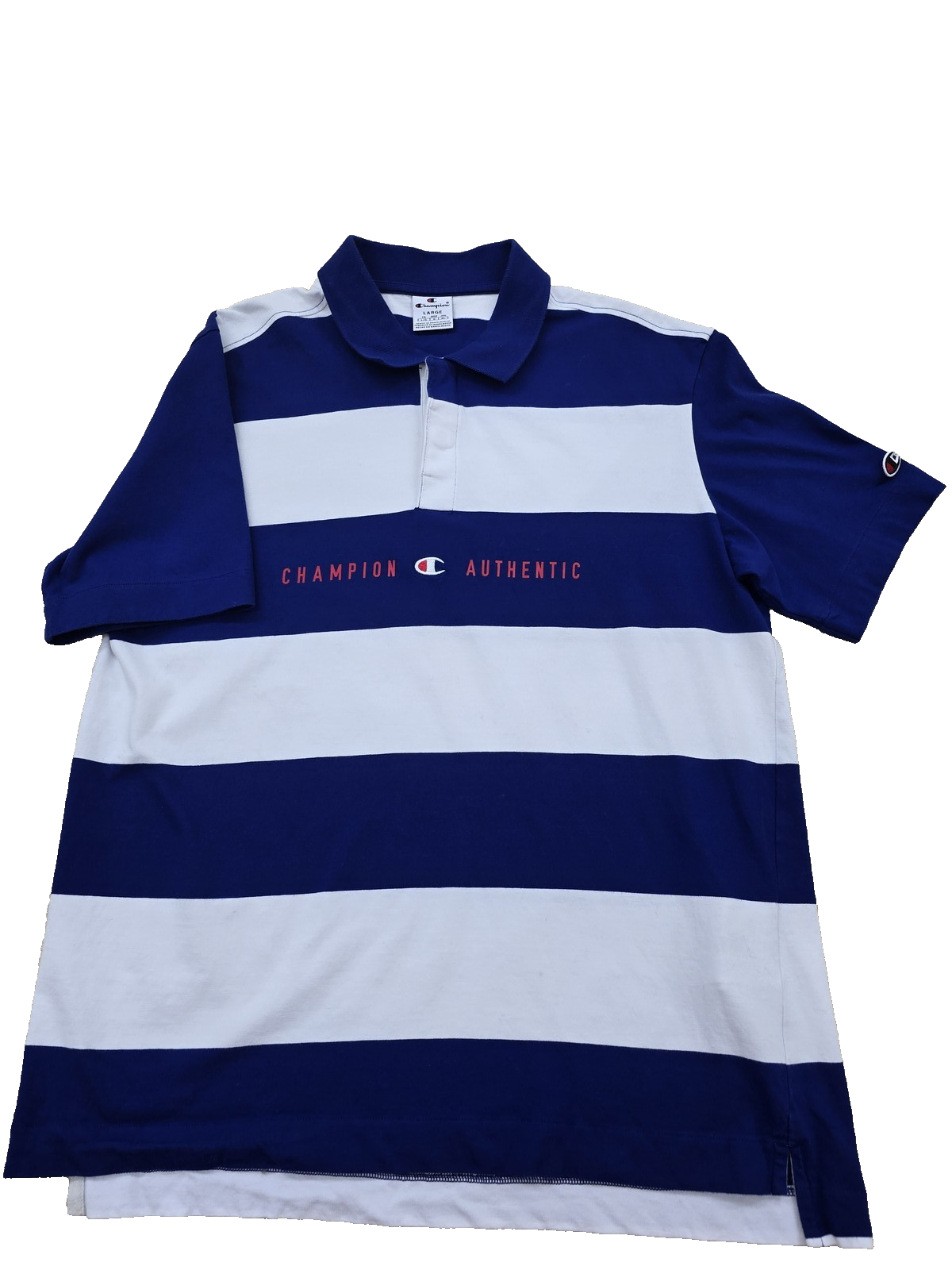 Champion Navy White Striped Polo Shirt Men's Size L 100% Cotton