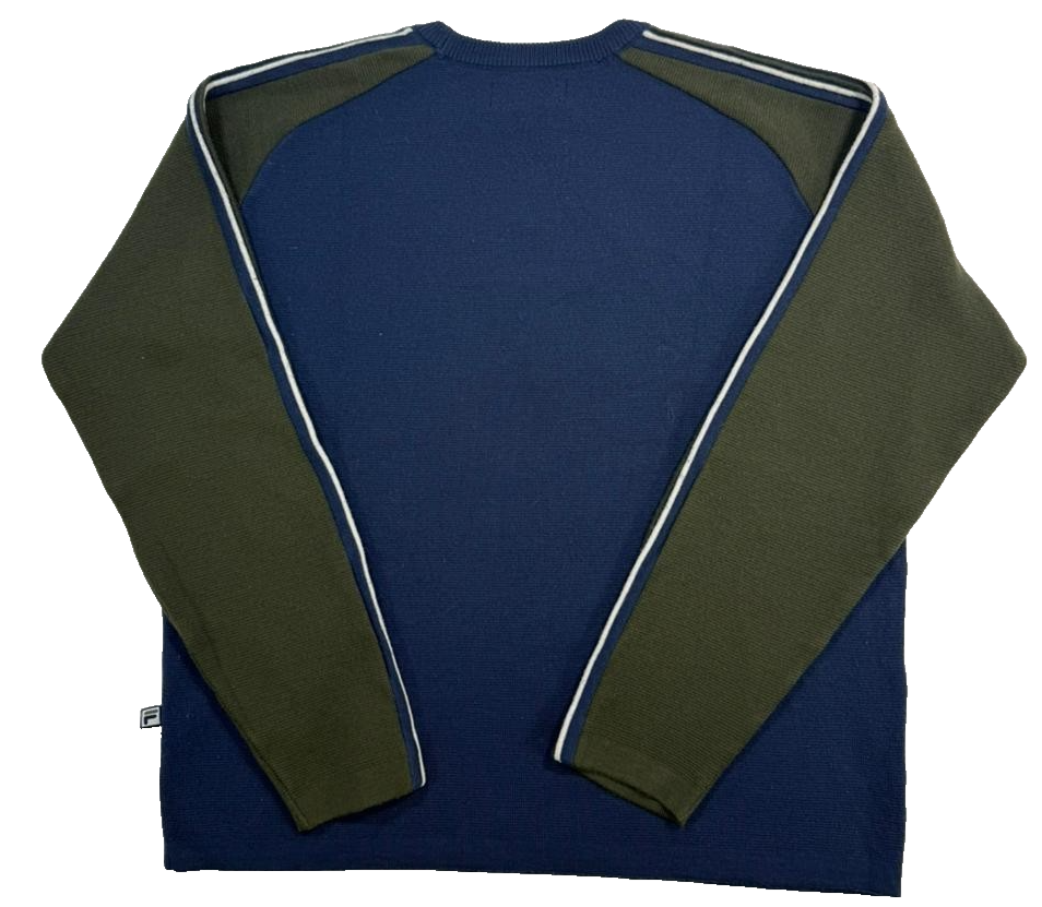 Fila Navy Blue Olive Green Color Block Knit Jumper Sweater Logo Unisex Size M