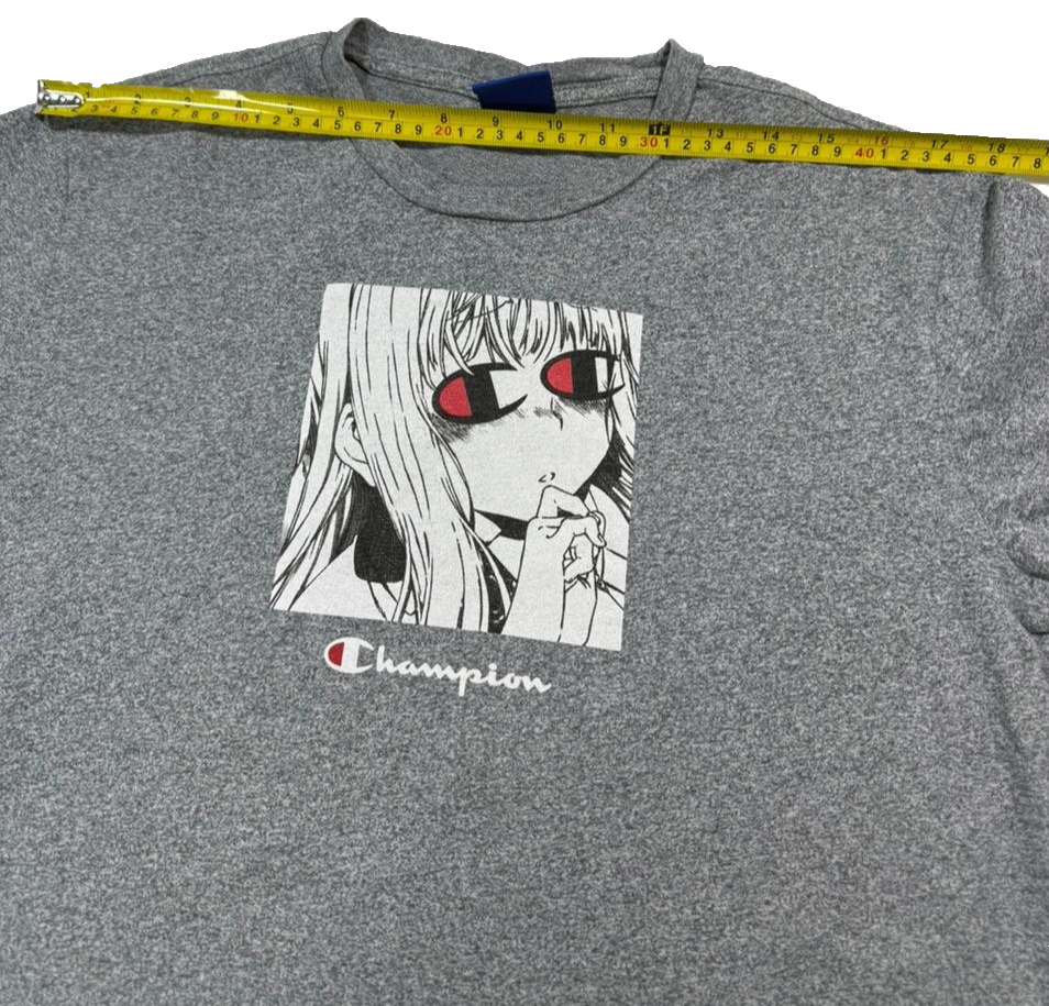 Gray Champion Crewneck T-Shirt With An Anime Graphic Print - Size M