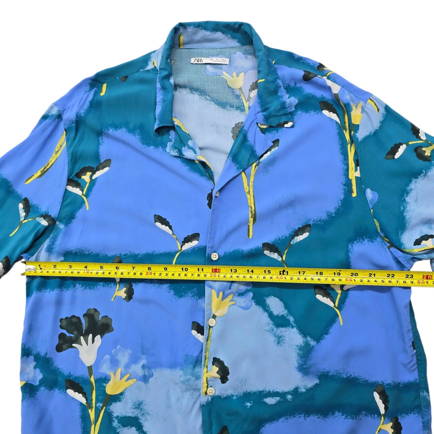 Zara Women's Blue Floral Print Short Sleeve Shirt Size L