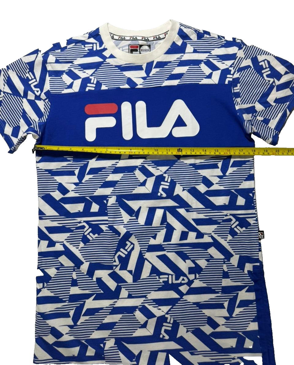 Fila Men's Graphic T-Shirt Blue White All Over Print Logo Short Sleeve - Size S