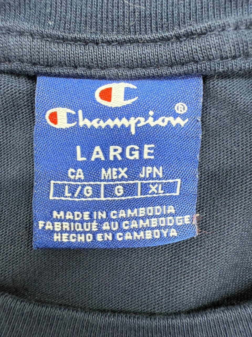 Champion Navy Blue Big Logo T-Shirt Crewneck Men's Size L Made in Cambodia
