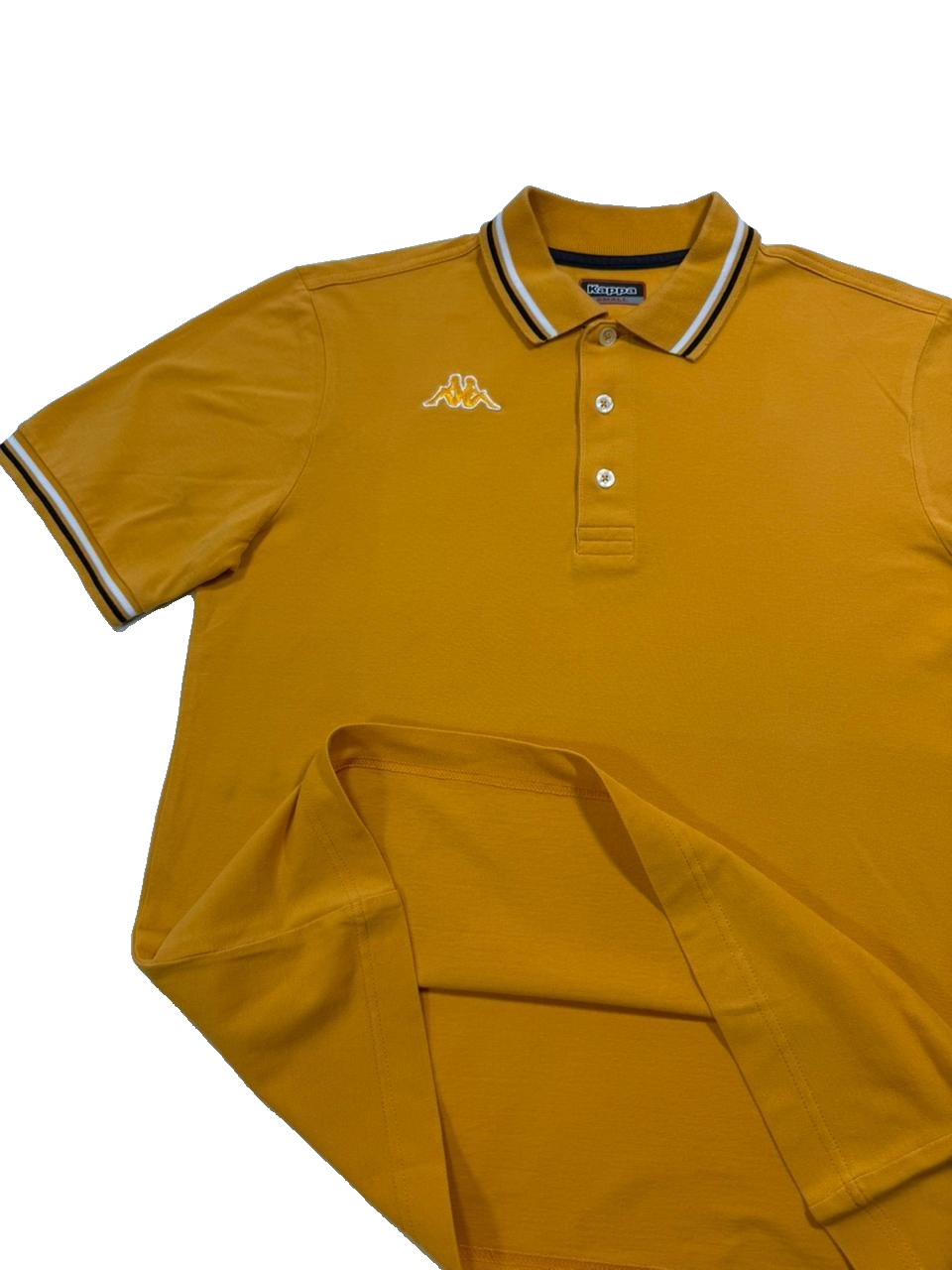 Men's Retro Kappa Yellow Polo With Striped Collar And Cuffs - Size Small