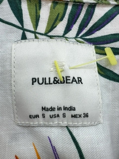 Pull&Bear Men's White Hawaiian Floral Short Sleeve Button-Up Shirt S