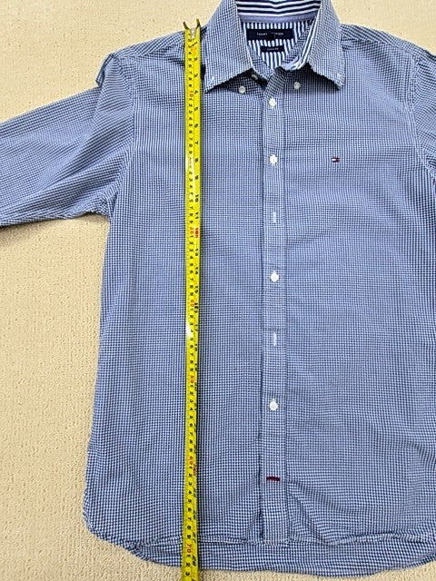 Tommy Hilfiger Men's Blue Gingham Long Sleeve Cotton Shirt Custom Fit Logo