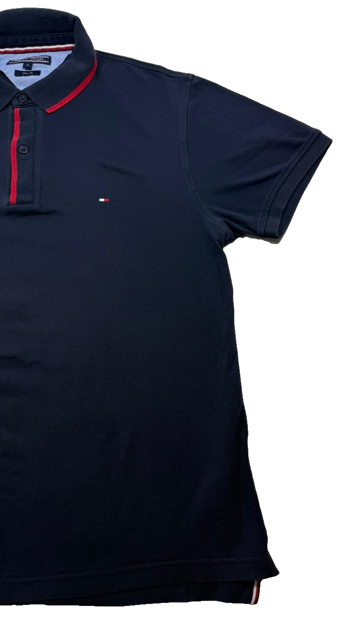 Tommy Hilfiger Men's Navy Blue Slim Fit Polo Shirt Red Trim Size XL