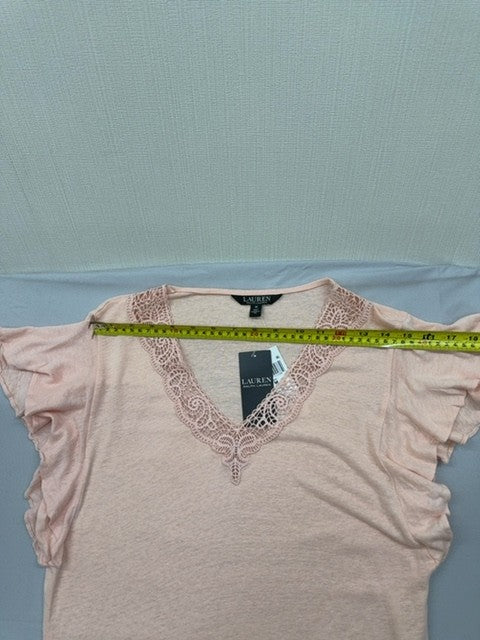 Lauren Ralph Lauren Women's Pale Pink Ruffle Lace V-Neck Short Sleeve Top M