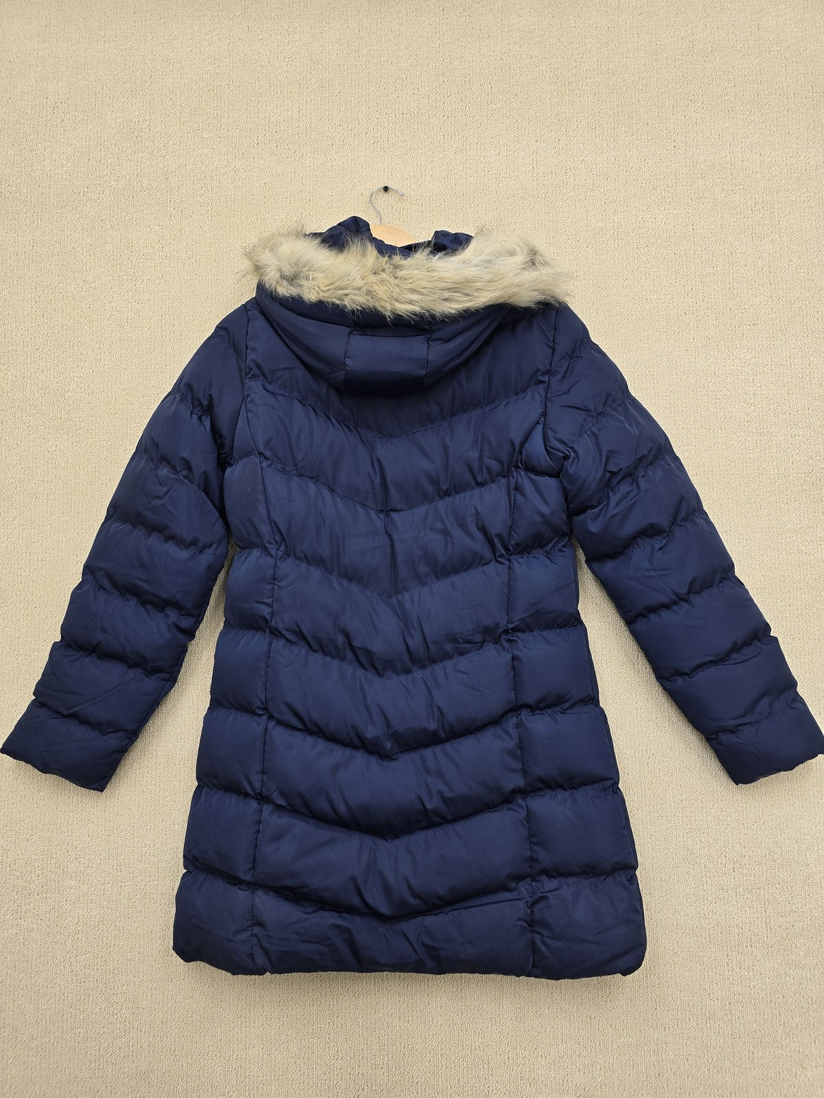 French Connection Women's Navy Puffer Jacket XS Fur Hood Long