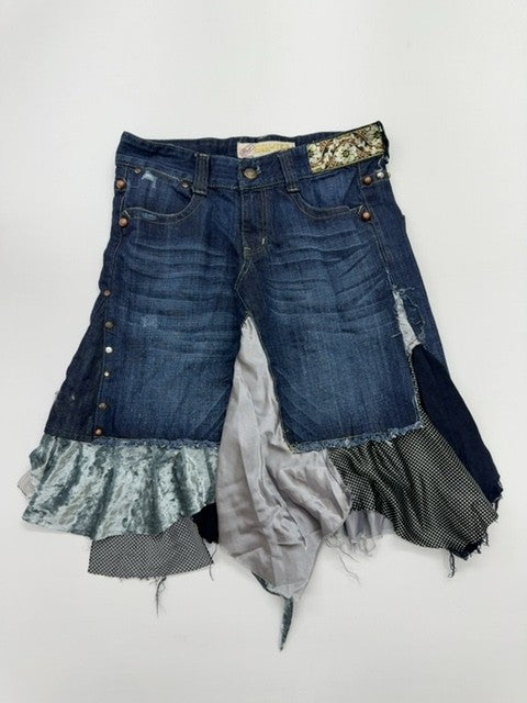 EIGHTHSIN Girls Blue Denim Skirt Size M Ruffle Hem Lace Stud Button