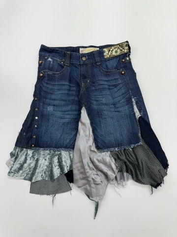 EIGHTHSIN Girls Blue Denim Skirt Size M Ruffle Hem Lace Stud Button