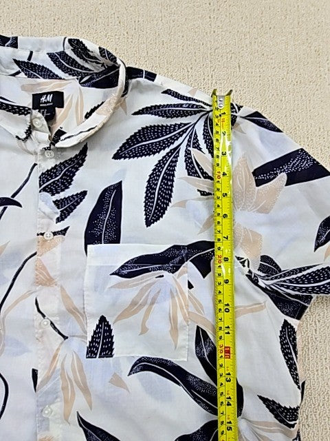 H&M Men's Black/White Leaf Resort Shirt XL Regular Fit Cotton