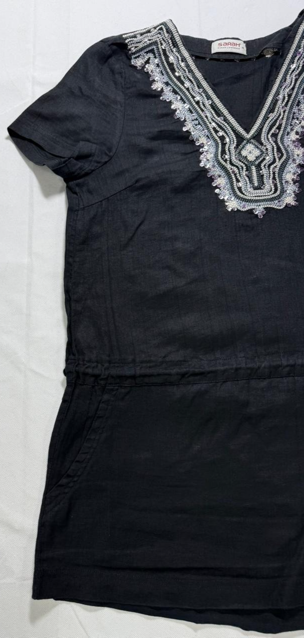 Sahah Black Beaded V-Neck Tunic Dress Short Sleeve Drawstring Waist - Size M