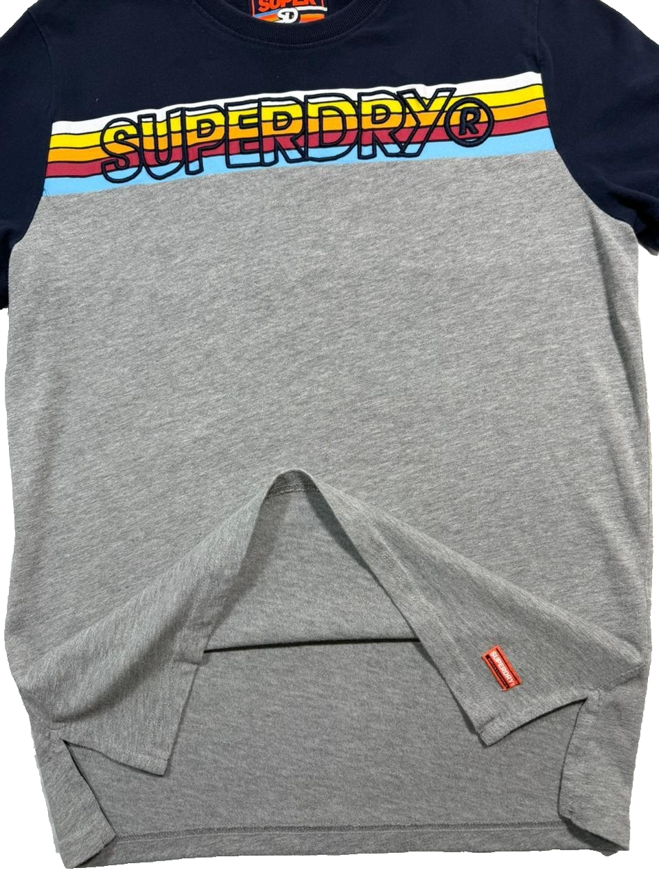 Superdry Men's Navy Gray Colorblock T-Shirt, Size L, Logo Casual Cotton Tee